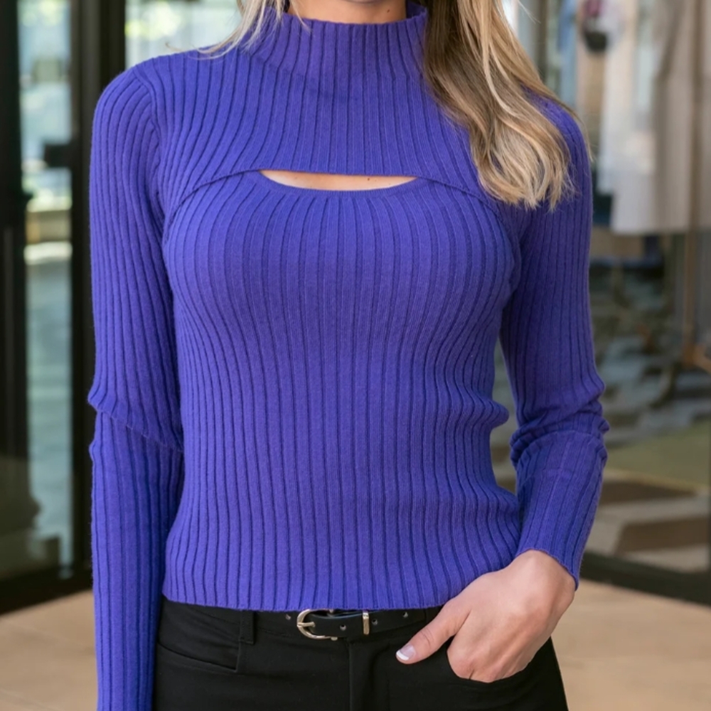 Vibrant Purple Ribbed Cutout Sweater